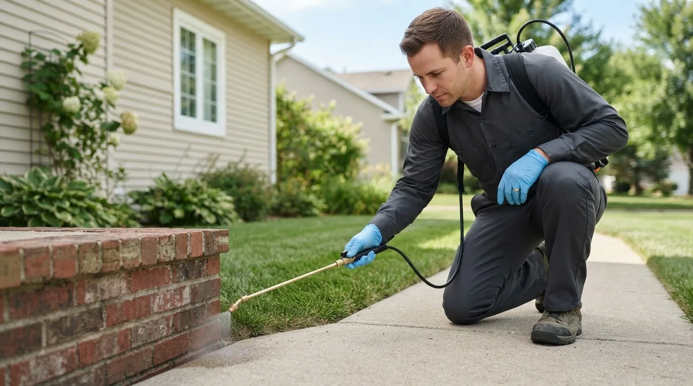 Pest control technician treating a home near Wellsburg, WV