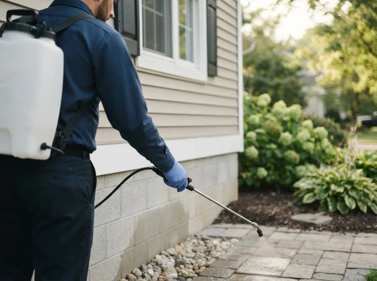 Pest control technician inspecting a home in Wellsburg, WV